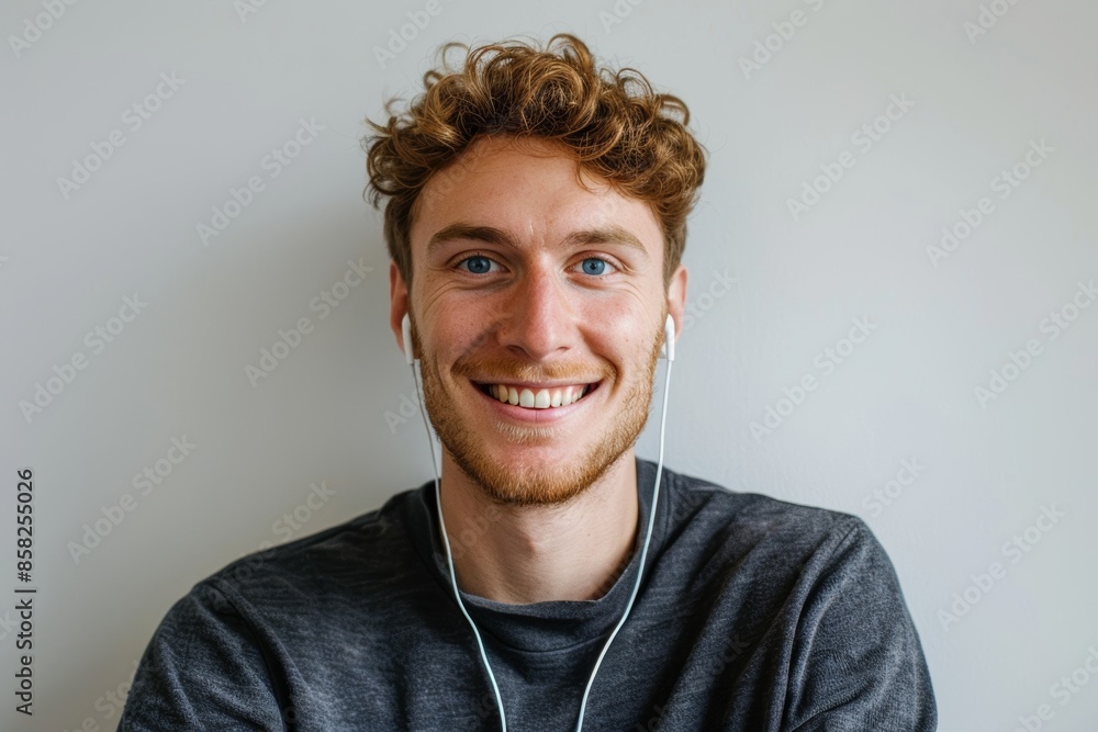 In this full-body shot, we see a handsome young man using an earphone to listen to music or listen to a voice message. His blue eyes are looking straight into the camera as he listens to music or In this full-body shot, we see a handsome young man using an earphone to listen to music or listen to a voice message. His blue eyes are looking straight into the camera as he listens to music or