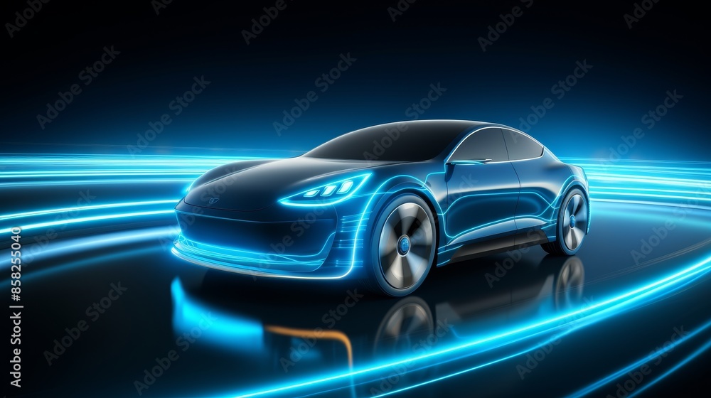Electric car hologram with green glowing battery and drive system concept in 3d render Electric car hologram with green glowing battery and drive system concept in 3d render