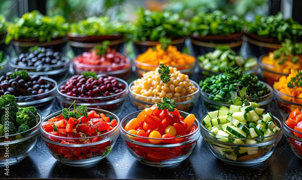 Indulge in a delightful selection of healthy appetizers and salads, a treat commonly found at dining establishments and hotel buffets. illustration images Indulge in a delightful selection of healthy appetizers and salads, a treat commonly found at dining establishments and hotel buffets. illustration images