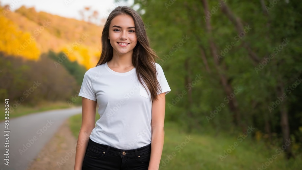Teenage girl wearing white t-shirt and black jeans standing in nature Teenage girl wearing white t-shirt and black jeans standing in nature