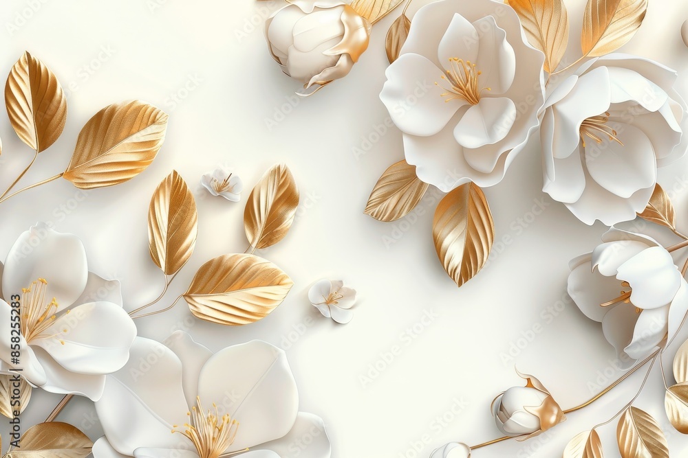 Flower with golden leaves on white background. Luxury 3D floral background with white and golden flowers Flower with golden leaves on white background. Luxury 3D floral background with white and golden flowers