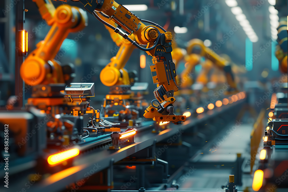 A high-tech factory with robots on an assembly line, manufacturing car body parts efficiently. A high-tech factory with robots on an assembly line, manufacturing car body parts efficiently.