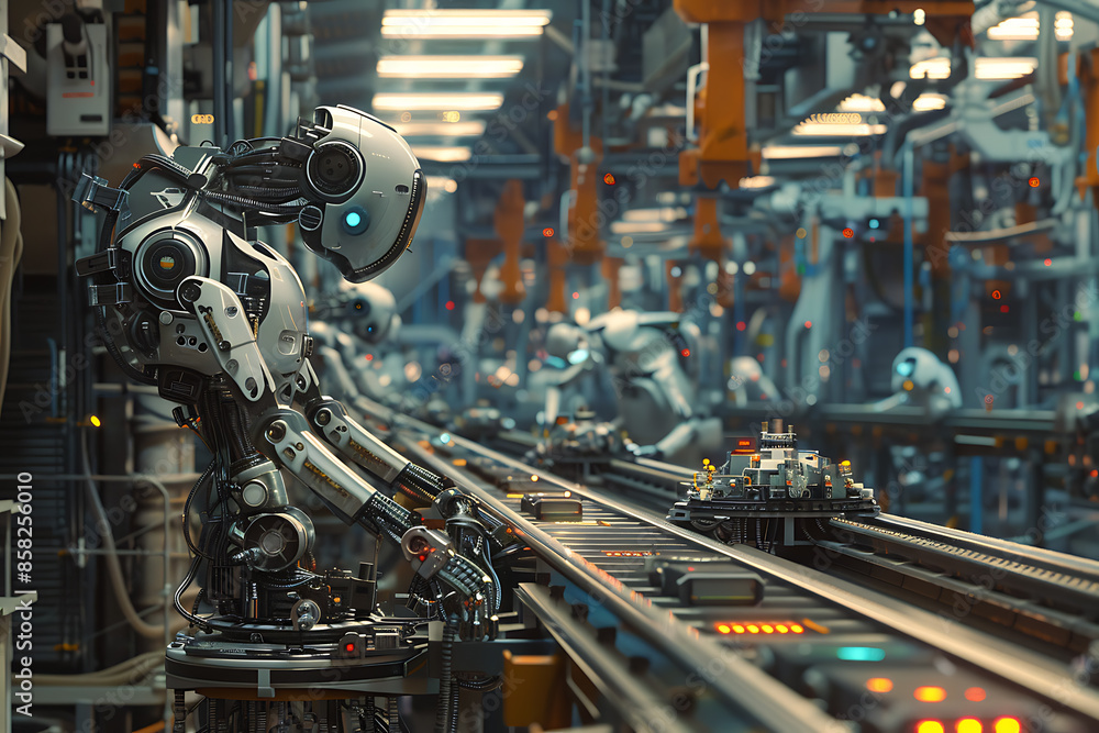 A high-tech factory with robots on an assembly line, manufacturing car body parts efficiently. A high-tech factory with robots on an assembly line, manufacturing car body parts efficiently.