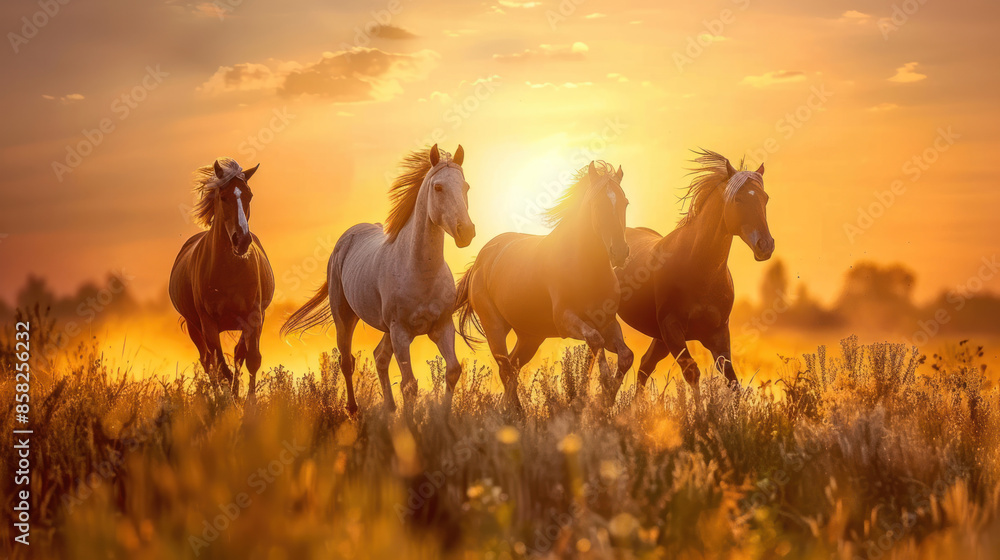 Obraz premium Wild horses running through a grassy field at sunset
