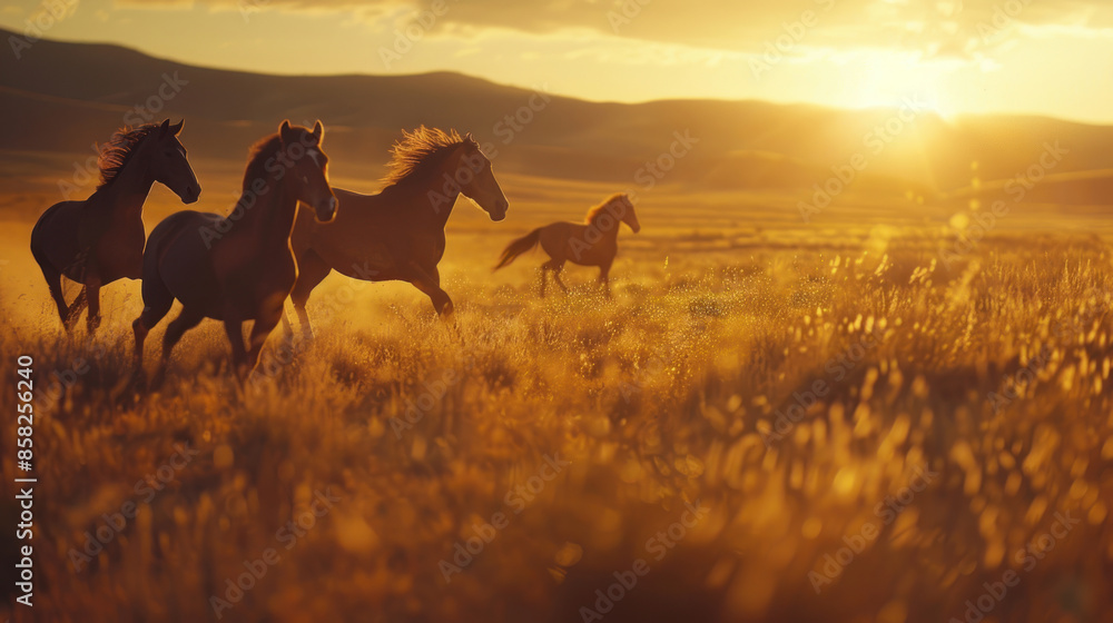Wild horses running through a grassy field at sunset Wild horses running through a grassy field at sunset