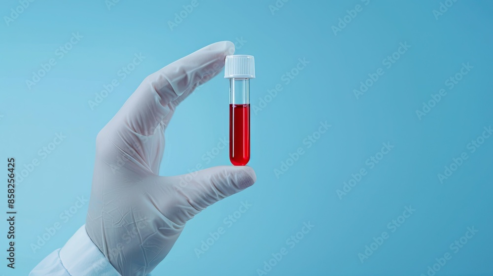 A Hand Holding a Blood Sample Tube Against a Sky Blue Background A Hand Holding a Blood Sample Tube Against a Sky Blue Background