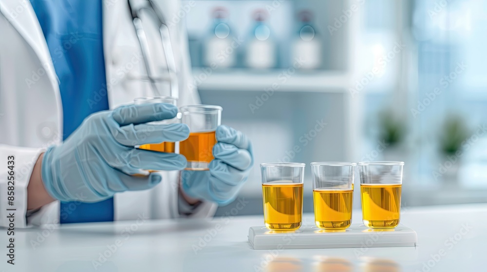 A Lab Scientist Examines Yellow Samples in a Modern Laboratory A Lab Scientist Examines Yellow Samples in a Modern Laboratory