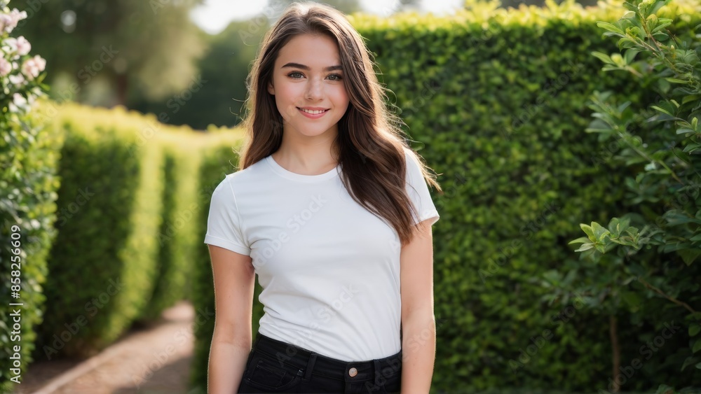 Teenage girl wearing white t-shirt and black jeans standing in the garden Teenage girl wearing white t-shirt and black jeans standing in the garden
