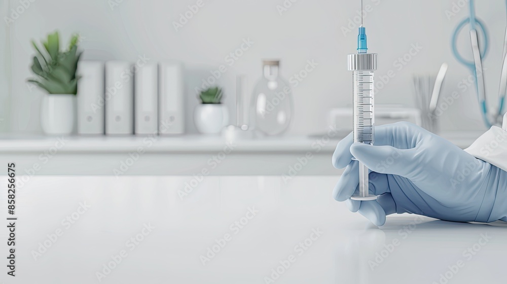 A Gloved Hand Holds a Syringe in a Sterile Medical Setting A Gloved Hand Holds a Syringe in a Sterile Medical Setting