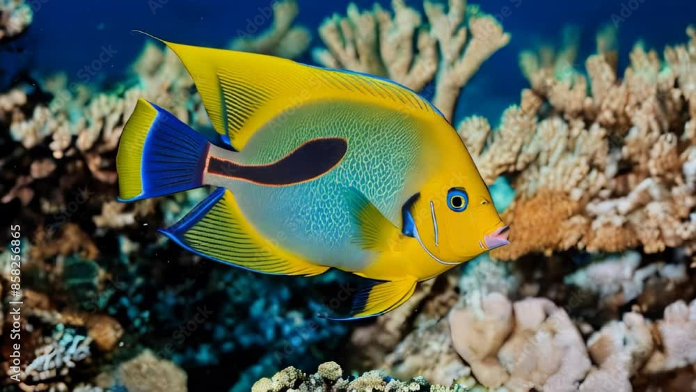 Vibrant angelfish swimming gracefully among coral reefs in tropical ocean Vibrant angelfish swimming gracefully among coral reefs in tropical ocean