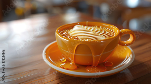 Close Up of a Beautifully Crafted Latte with Intricate Foam Art in a Vibrant Yellow Cup and Saucer, Placed on a Wooden Table in a Cozy Cafe Setting, Capturing the Warm Ambience photo