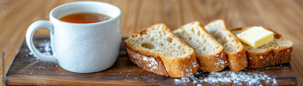 Delicious Homemade Bread Breakfast with Butter and a Cup of Hot Tea on a Wooden Cutting Board Perfect Morning Meal to Start Your Day with Freshly Baked Bread and Warm Beverage Delicious Homemade Bread Breakfast with Butter and a Cup of Hot Tea on a Wooden Cutting Board Perfect Morning Meal to Start Your Day with Freshly Baked Bread and Warm Beverage