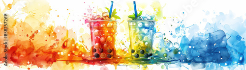 Vibrant Watercolor Art with Colorful Bubble Tea Drinks, Splashes, and Abstract Design, Showcasing Bright, Refreshing, and Lively Beverage Illustration in Artistic Style photo