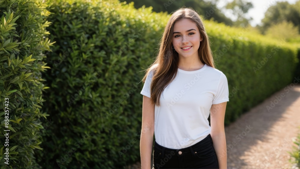 Teenage girl wearing white t-shirt and black jeans standing in the garden Teenage girl wearing white t-shirt and black jeans standing in the garden