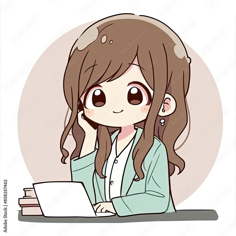 Woman characters working at desk with laptop. Cute chibi girl sitting at a desk, working on a laptop Woman characters working at desk with laptop. Cute chibi girl sitting at a desk, working on a laptop