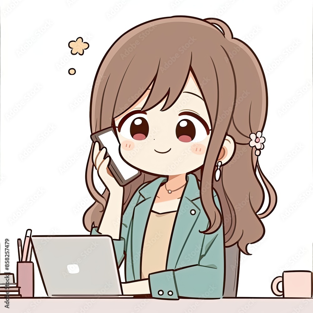 Woman characters working at desk with laptop. Cute chibi girl sitting at a desk, working on a laptop Woman characters working at desk with laptop. Cute chibi girl sitting at a desk, working on a laptop