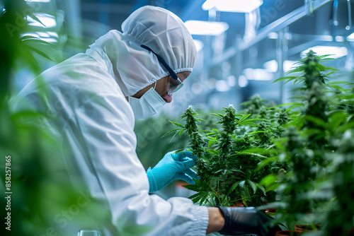 A detailed photo of a technician inspecting cannabis plants in a laboratory setting, with lab equipment and safety gear, highlighting the scientific approach to cannabis cultivation 
