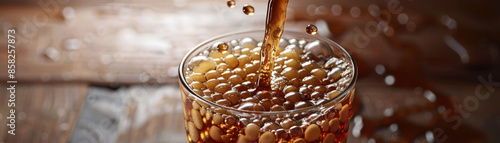 Refreshing Carbonated Beverage Being Poured Into a Glass on a Wooden Surface with a Burst of Fizzy Bubbles in a Warm and Cozy Setting, Close up Shot Capturing the Effervescence and Sparkle photo