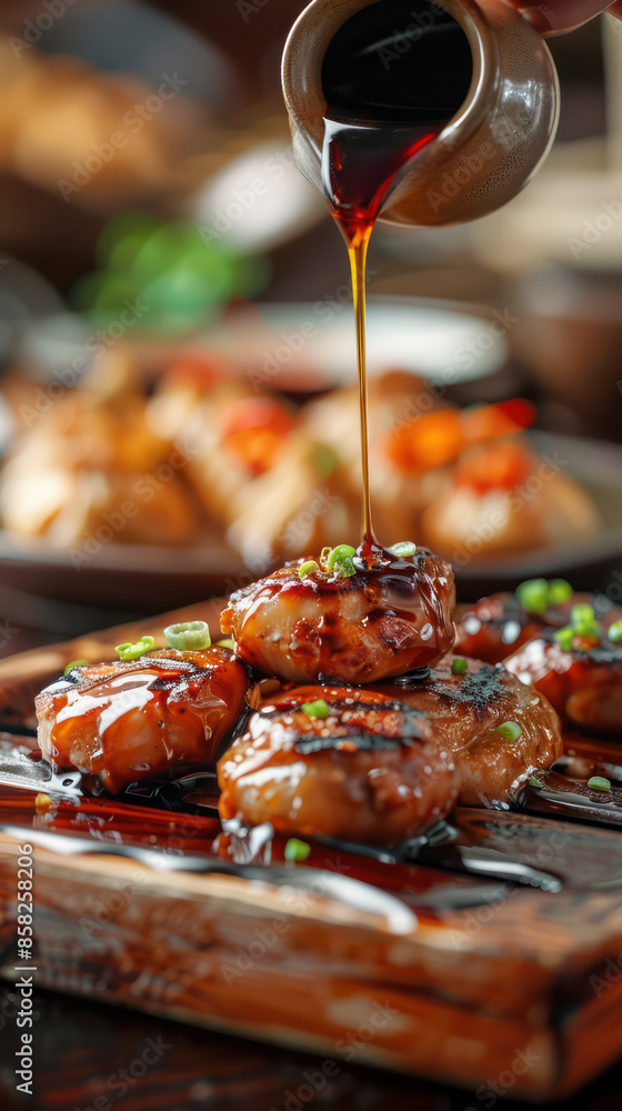 Elegant Gourmet Grilled Chicken Medallions Glazed with Soy Sauce and Garnished with Fresh Herbs on a Rustic Wooden Board Inviting Savory Asian Delight in Stunning Food Photography Elegant Gourmet Grilled Chicken Medallions Glazed with Soy Sauce and Garnished with Fresh Herbs on a Rustic Wooden Board Inviting Savory Asian Delight in Stunning Food Photography