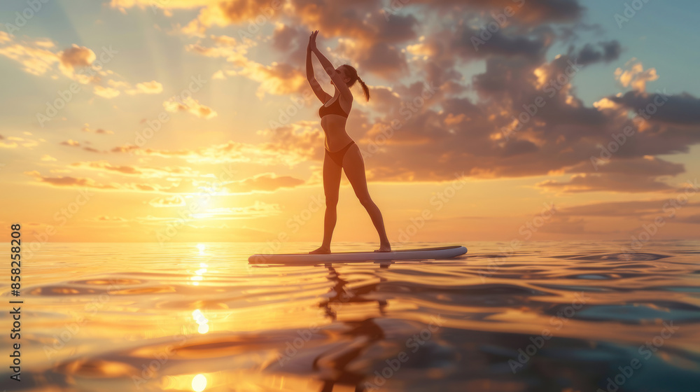 Woman practicing yoga on a paddleboard at sunset Woman practicing yoga on a paddleboard at sunset