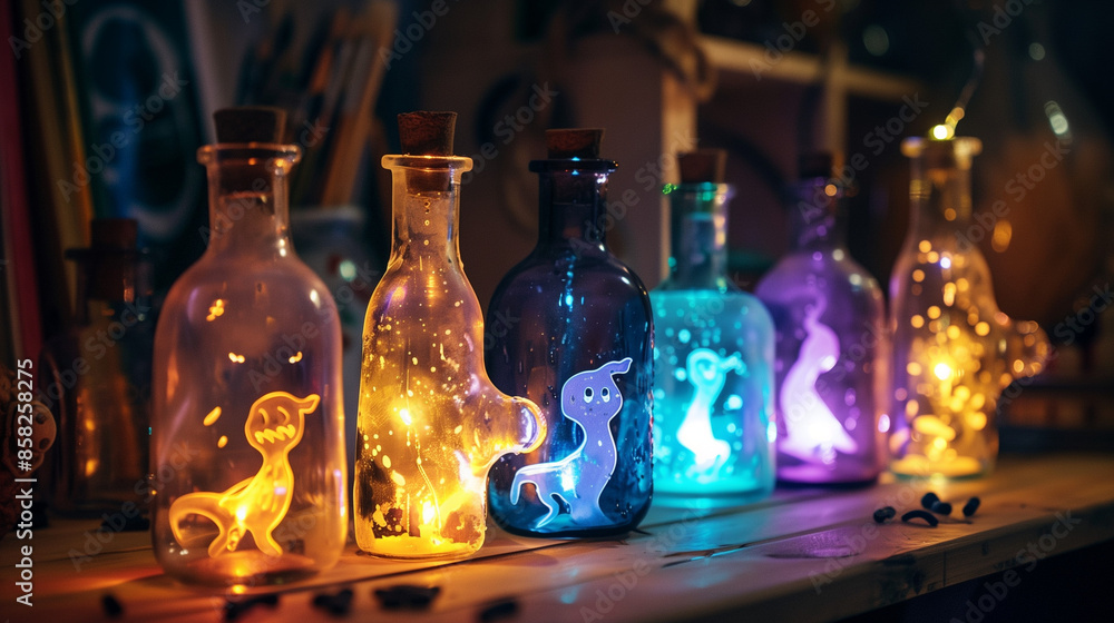 Illuminated bottles with cute ghostly figures Illuminated bottles with cute ghostly figures