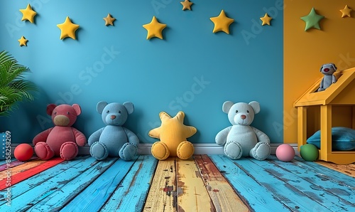 Colorful and spacious bedroom furniture for boys or girls, perfect for daycare or kindergarten, with toys, cabinets, and a blank wall for your own design. illustration images