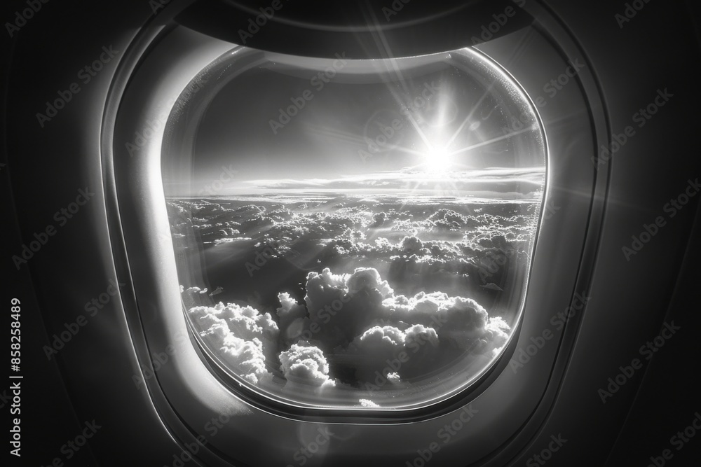 Looking out an airplane window at the sun and clouds, Travel concept Looking out an airplane window at the sun and clouds, Travel concept
