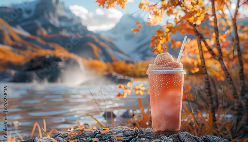 Refreshing Iced Tropical Drink by a Beautiful Autumn Lake with Vibrant Fall Foliage, Mountains, and Waterfall in the Background on a Clear, Sunny Day Perfect for Nature Lovers and Vacation photo