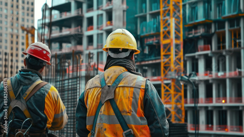 Workers on a construction site wearing hard hats and safety gear