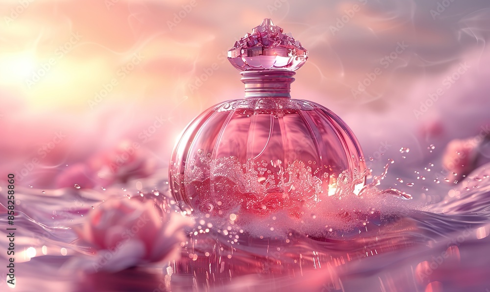 Fantasy-themed digital artwork featuring an elegant glass or crystal perfume bottle amidst swirling pink and purple smoke waves. illustration images Fantasy-themed digital artwork featuring an elegant glass or crystal perfume bottle amidst swirling pink and purple smoke waves. illustration images