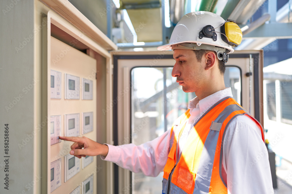 Engineer or worker working at machine control panel and checking pipeline valves or water tank area at urban industrial site Engineer or worker working at machine control panel and checking pipeline valves or water tank area at urban industrial site