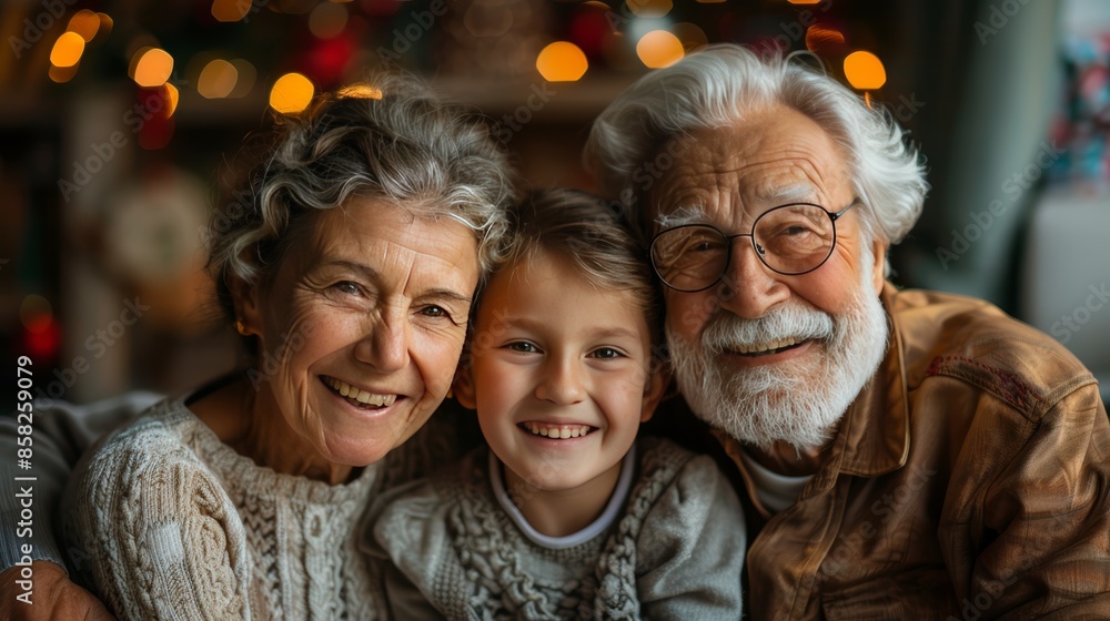 A happy family of three generations smiles together. The grandparents are close to their grandchild. A happy family of three generations smiles together. The grandparents are close to their grandchild.