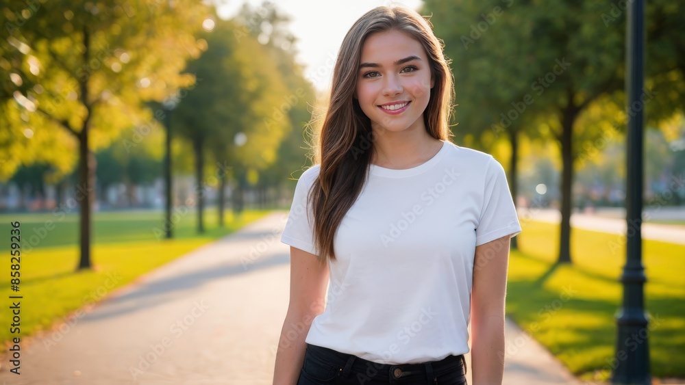 Teenage girl wearing white t-shirt and black jeans standing in the park Teenage girl wearing white t-shirt and black jeans standing in the park