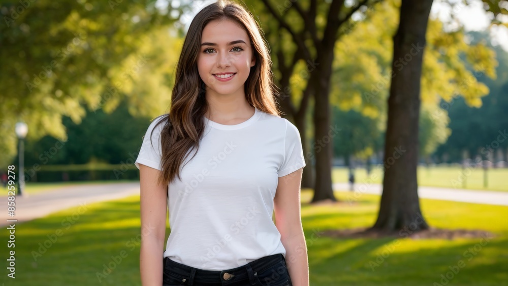 Teenage girl wearing white t-shirt and black jeans standing in the park Teenage girl wearing white t-shirt and black jeans standing in the park