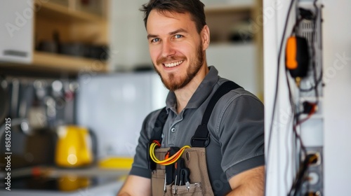 portrait of smiling caucasian young electrician in uniform standing in customer's house installing household electrical equipment