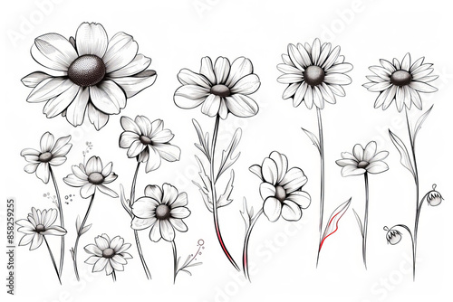 A modern set of illustrations of wild flowers drawn in ink, monochrome artistic botanical illustrations, isolated elements of flowers, hand drawn.