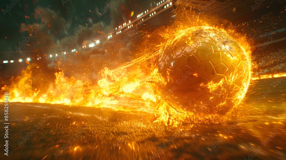 Soccer Ball in a Stadium with speed effects and fire. soccer ball on green grass in the center of a stadium Soccer Ball in a Stadium with speed effects and fire. soccer ball on green grass in the center of a stadium