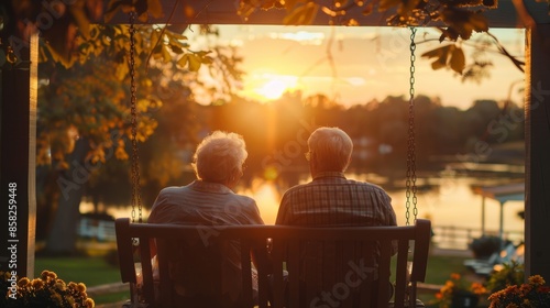 A senior couple sits on a porch swing, watching the sunset over a lake. They are enjoying a peaceful moment together.