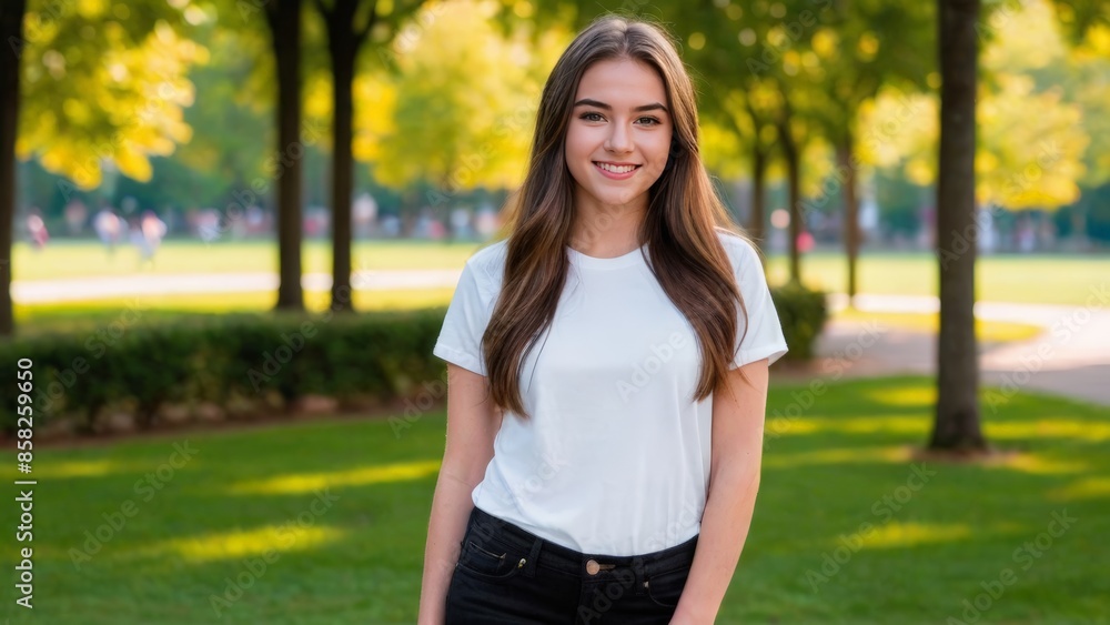 Teenage girl wearing white t-shirt and black jeans standing in the park Teenage girl wearing white t-shirt and black jeans standing in the park