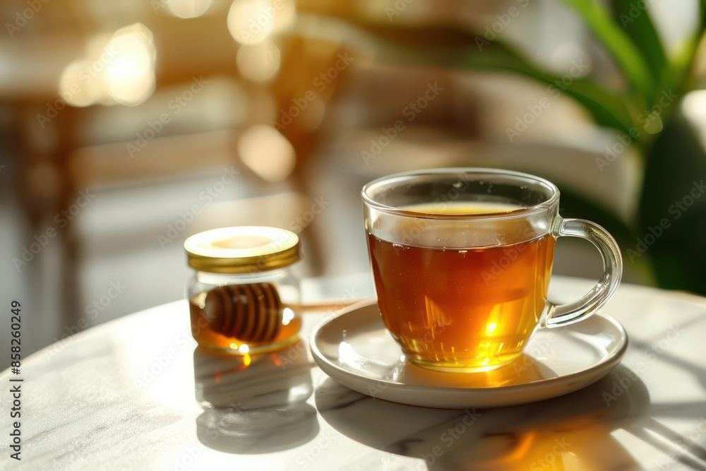 Warm Cup of Herbal Tea with Honey Jar on a Sunlit Table to Relieve Stress and Promote Relaxation in a Cozy and Tranquil Setting for an Elevated Tea Drinking Experience Warm Cup of Herbal Tea with Honey Jar on a Sunlit Table to Relieve Stress and Promote Relaxation in a Cozy and Tranquil Setting for an Elevated Tea Drinking Experience