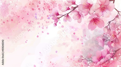 Template with modern watercolor flowers and branches of cherry blossoms.