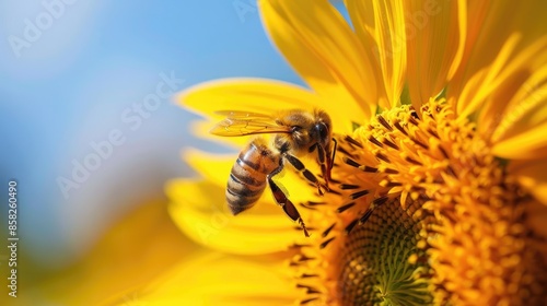 Close-up of a bee collecting pollen from a sunflower, showcasing the vital role of these flowers in nature © Lcs