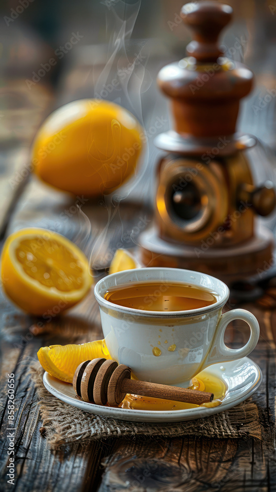Steaming Cup of Herbal Tea with Fresh Lemons and Honey on Rustic Wooden Table with Vintage Coffee Grinder, Perfect for Cozy Mornings and Natural Wellness Steaming Cup of Herbal Tea with Fresh Lemons and Honey on Rustic Wooden Table with Vintage Coffee Grinder, Perfect for Cozy Mornings and Natural Wellness