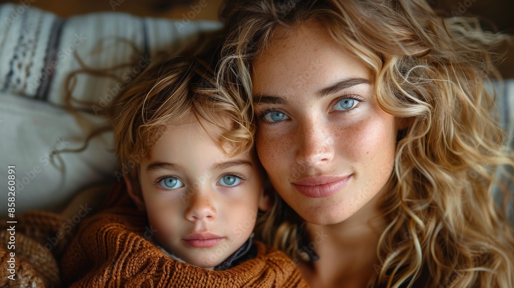 A woman and her young son, both with striking blue eyes and light hairstyles, are looking straight ahead while cuddling close indoors, symbolizing kinship and love. A woman and her young son, both with striking blue eyes and light hairstyles, are looking straight ahead while cuddling close indoors, symbolizing kinship and love.