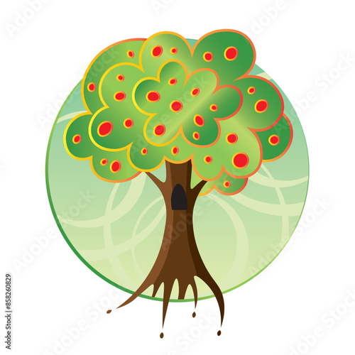 Apple tree vector drawing. Fairy tale colorful illustration.