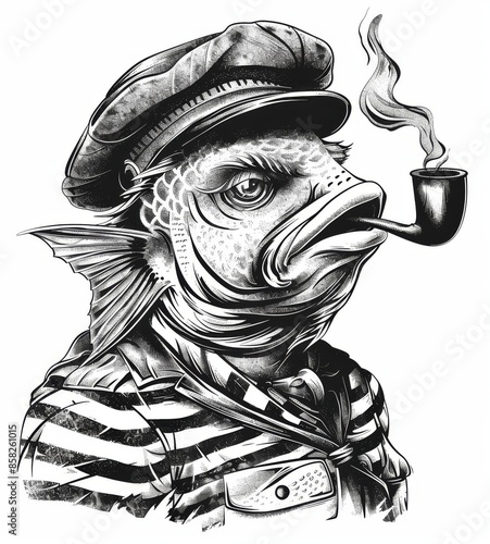 Psychedelic illustrations of a fishman in his cap and vest on a background of fashion animals. Hand-drawn illustration for a label, logo, or T-shirt. Modern engraved illustration for a label, logo,