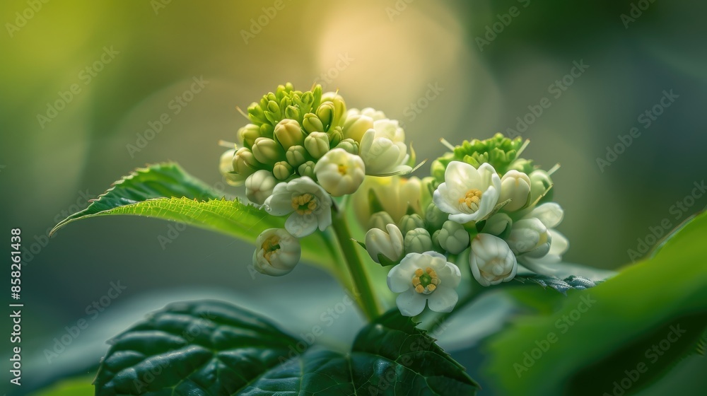 A small white flower a Viburnum lantana unfurls as others remain closed buds Focus is selective with blurred zones A small white flower a Viburnum lantana unfurls as others remain closed buds Focus is selective with blurred zones