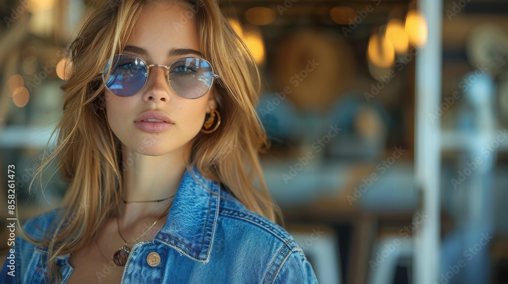 A young woman wearing a denim jacket and blue sunglasses, standing confidently outdoors with warm lighting and a lively background capturing a casual yet chic vibe. A young woman wearing a denim jacket and blue sunglasses, standing confidently outdoors with warm lighting and a lively background capturing a casual yet chic vibe.