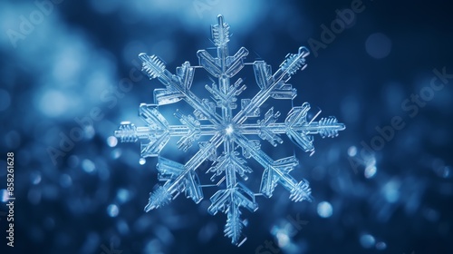A macro photograph of a snowflake, its intricate patterns reflecting the blue light of the stars. © venusvi