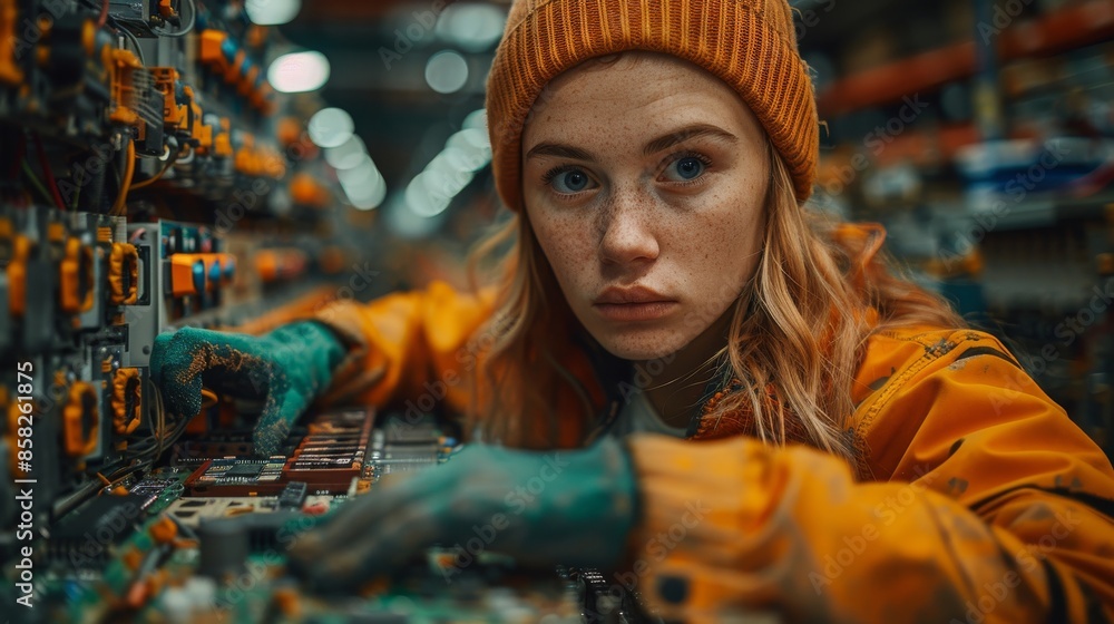 A focused female technician wearing protective gear working on circuit boards in a tech environment, highlighting precision, concentration, and technical expertise. A focused female technician wearing protective gear working on circuit boards in a tech environment, highlighting precision, concentration, and technical expertise.